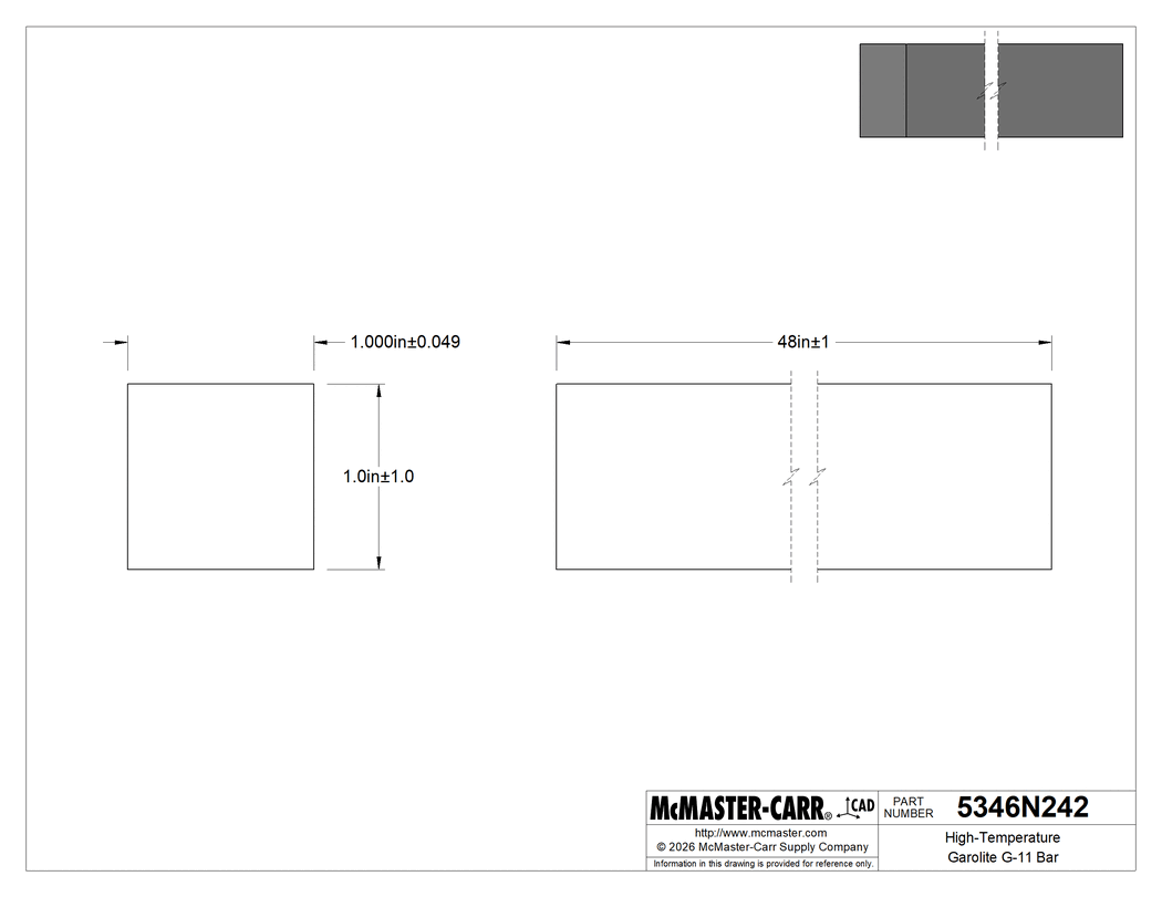 Technical Drawing of High-Temperature Garolite G-11 Bar, 1" Thick, 1" Wide, 48" Long.